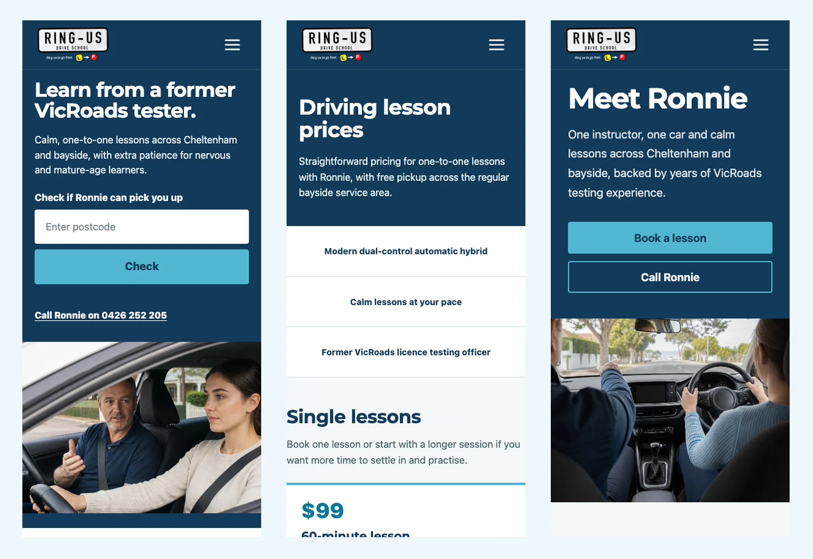 Three Ring Us Drive School mobile layouts showing the homepage, lesson prices and instructor page.