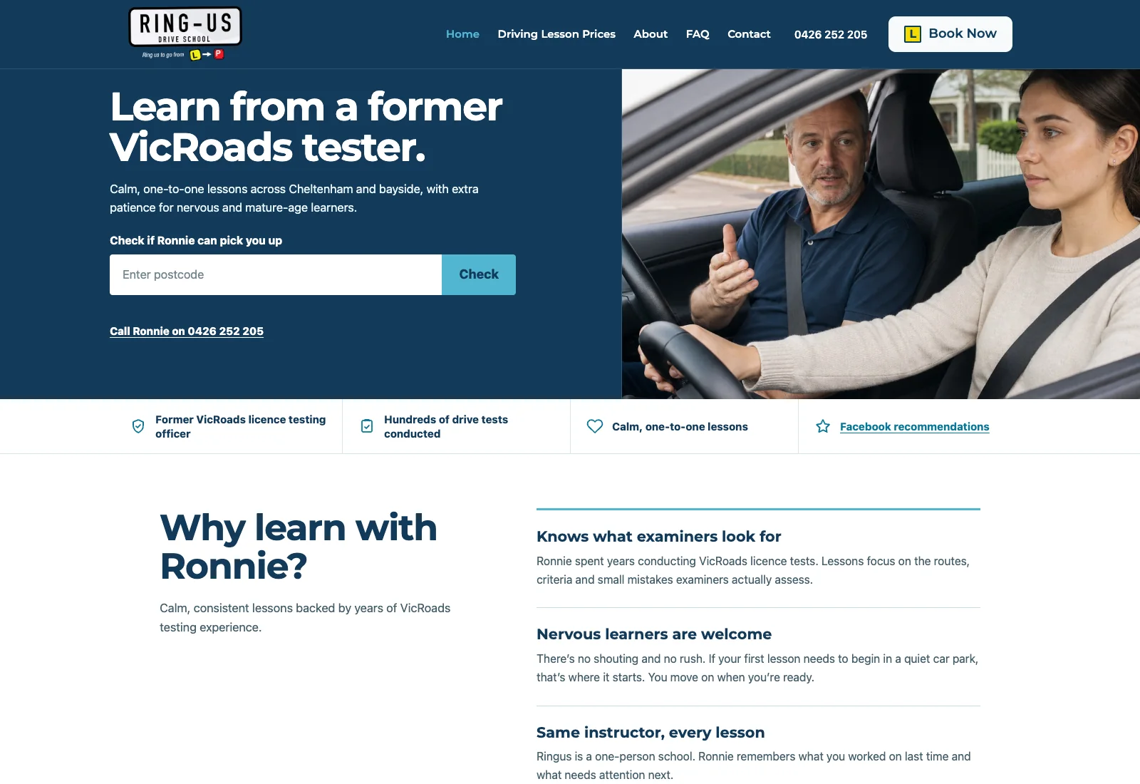 Ring Us Drive School homepage showing the former VicRoads tester message, postcode checker, direct phone action and driving lesson photography.