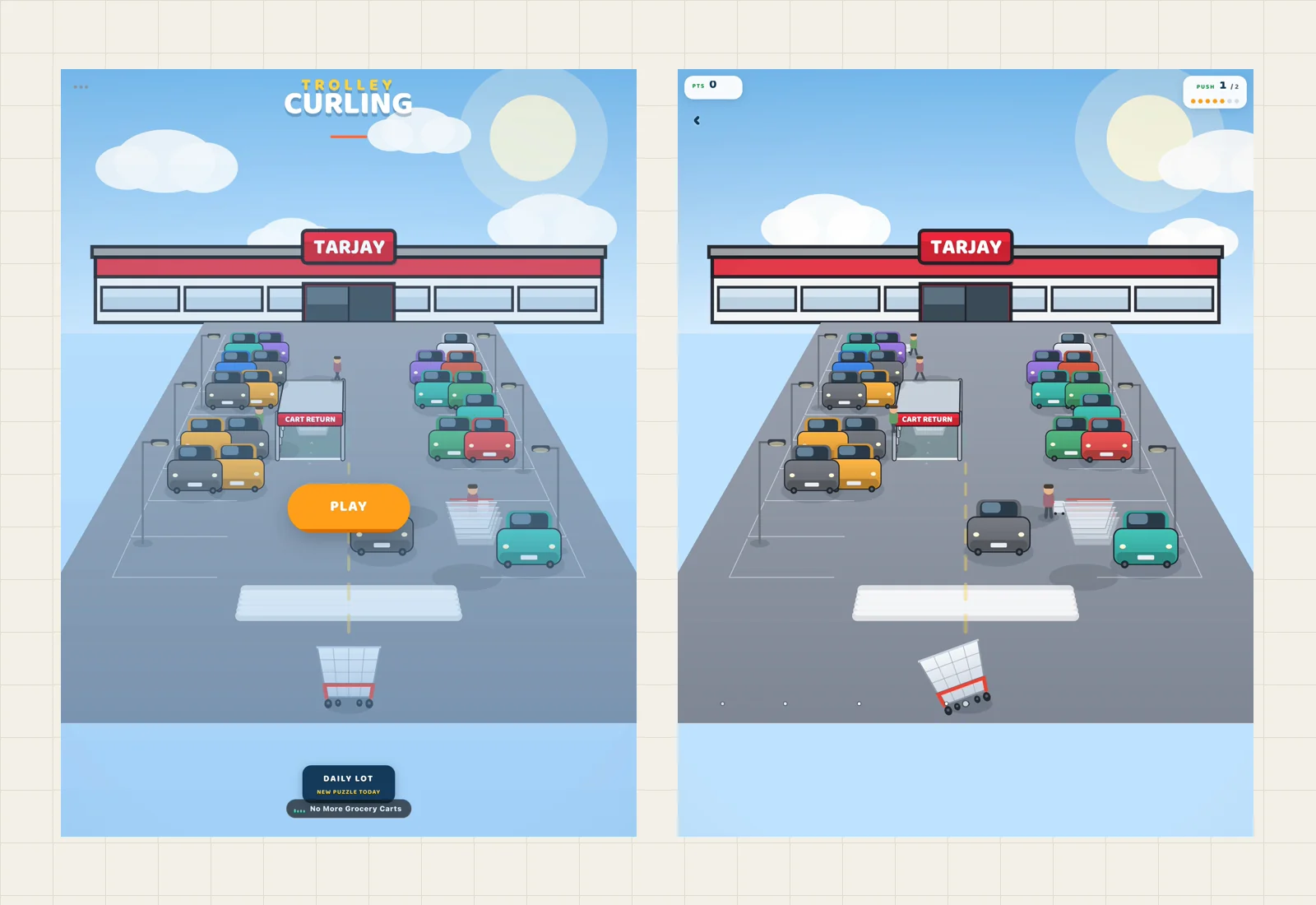 Trolley Curling on iPad showing the title screen and a trolley rolling along its plotted path towards the bay.