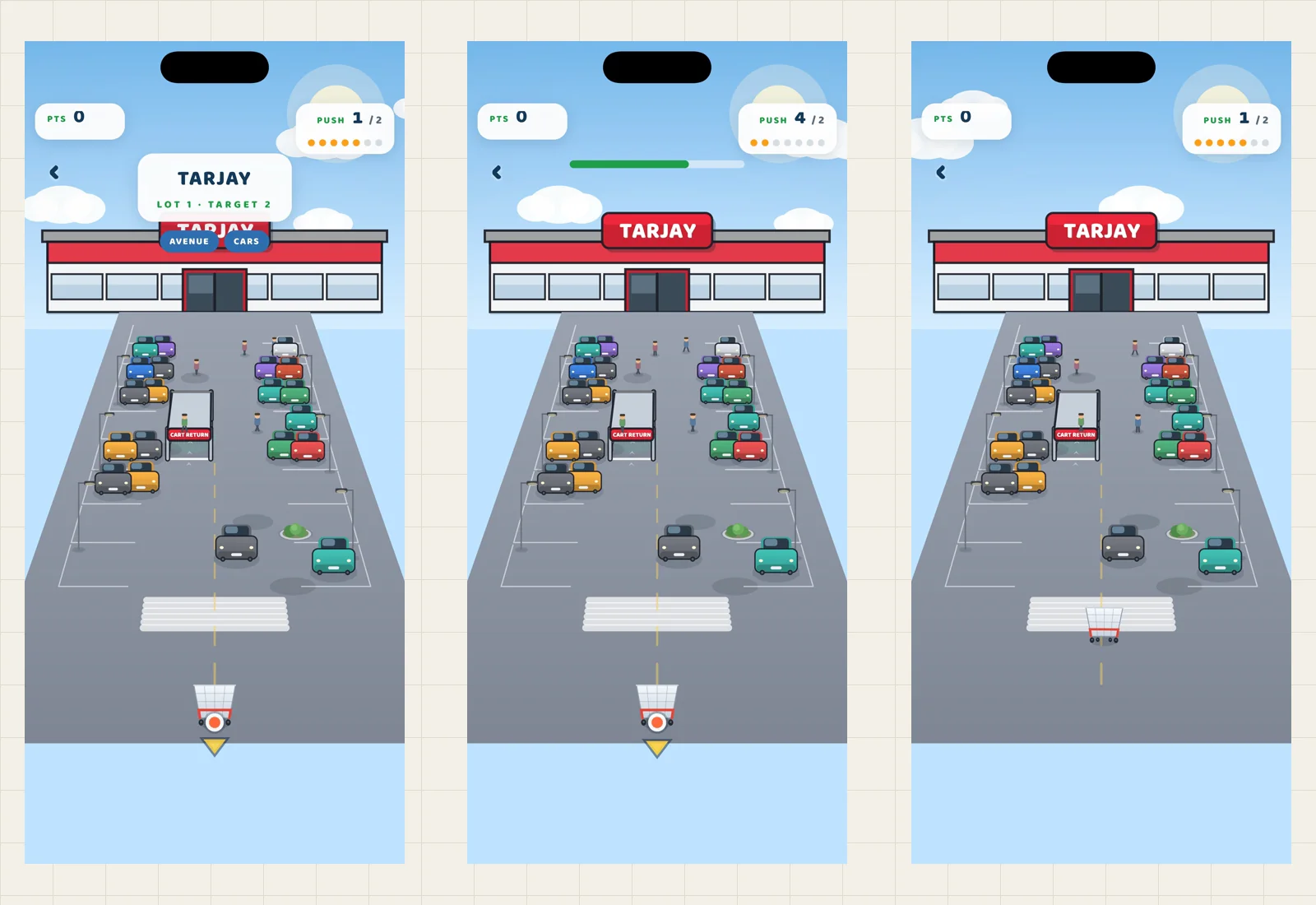 Trolley Curling gameplay screens showing the target, shot clock and a launched trolley crossing the car park.