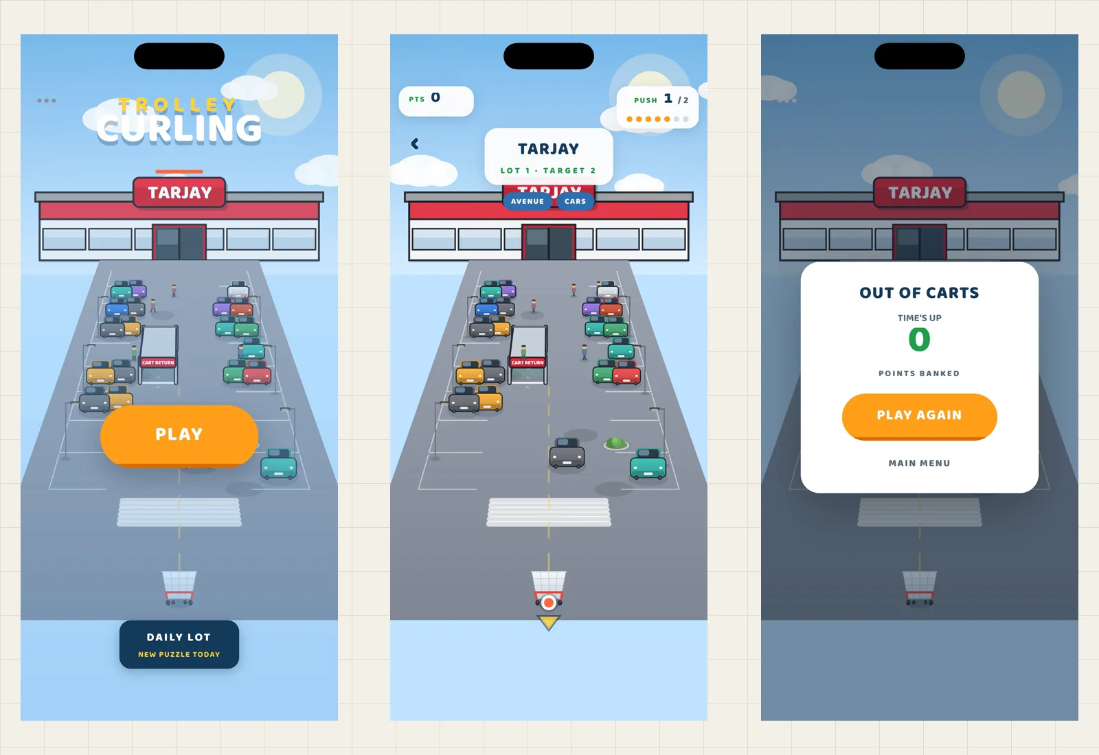 Trolley Curling mobile game screens showing the title screen, a car-park target and the end of a run.