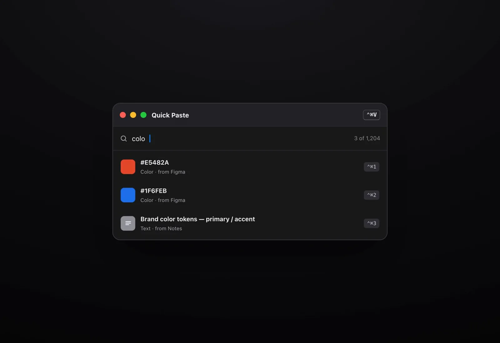 Ultimate Paste Quick Paste panel searching copied colour values and recent text snippets.