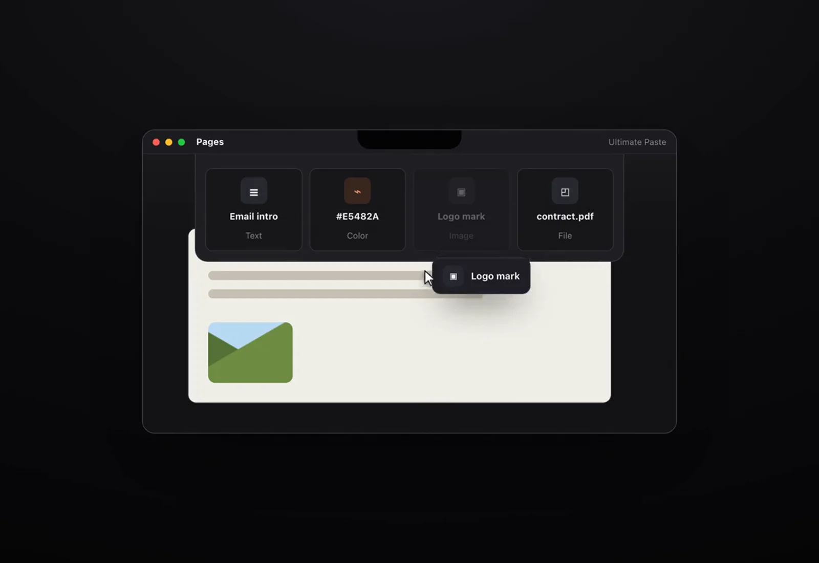 Ultimate Paste notch shelf showing recent text, colour, image and file clips above a document window.
