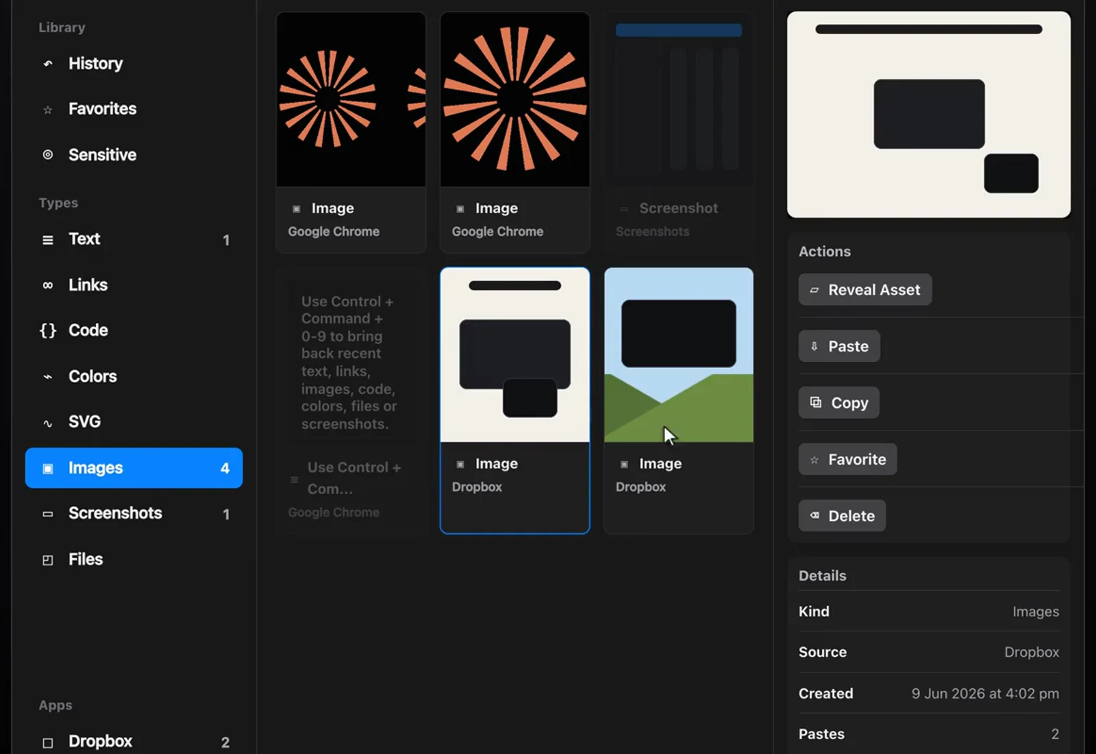 Ultimate Paste library showing clipboard history filtered by images, with clip actions and source details.