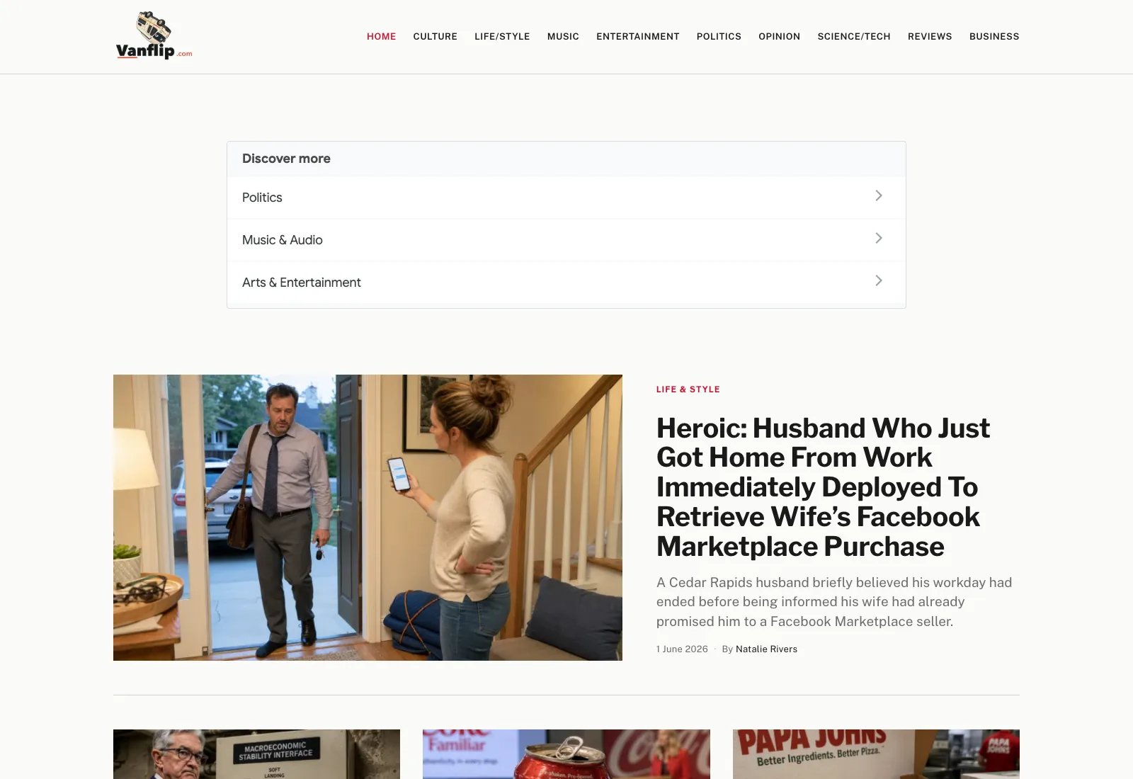 The VanFLIP homepage with its masthead, category navigation and a featured satire story about a husband sent to collect a Facebook Marketplace purchase.