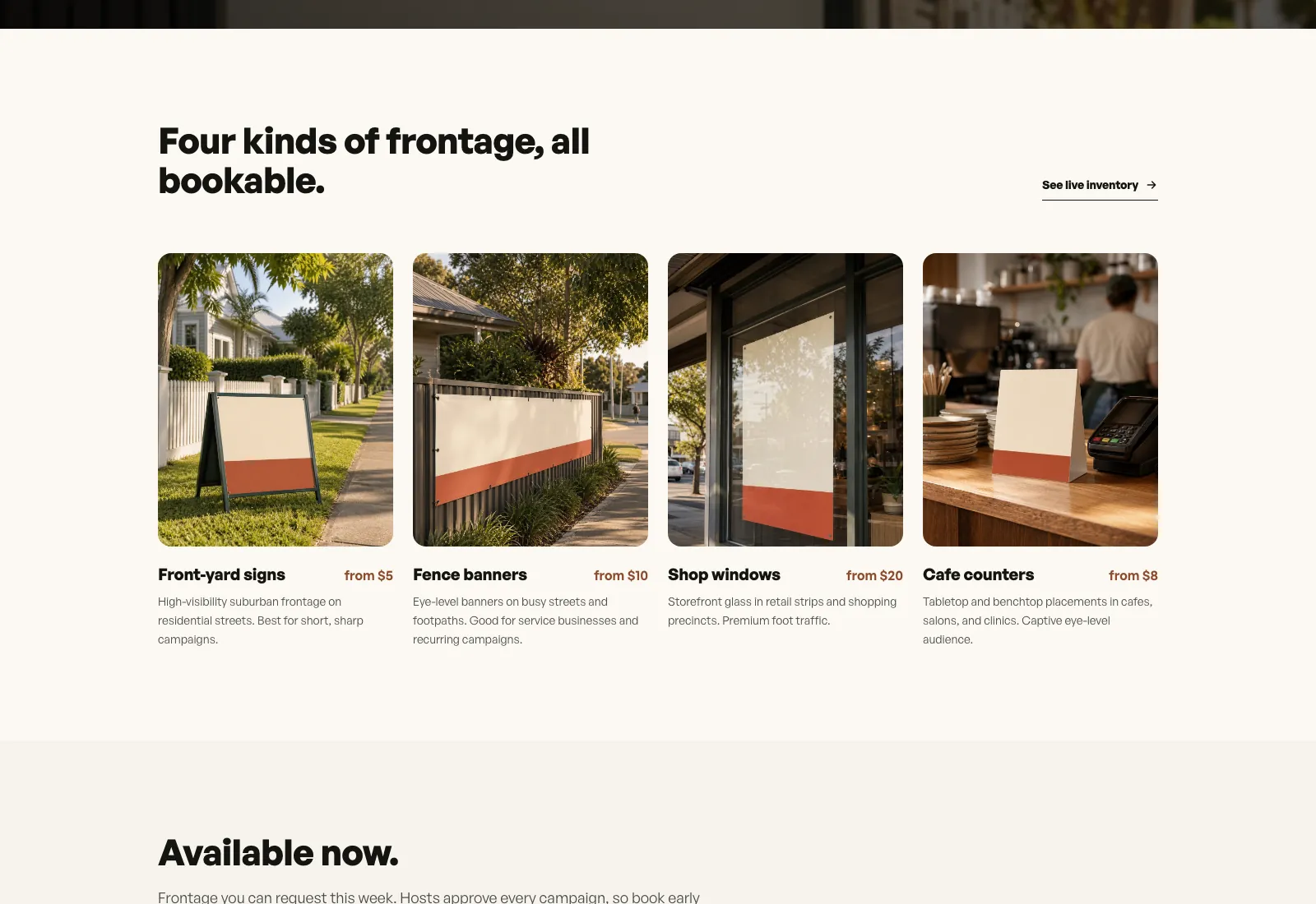 Yardvertising frontage formats: yard signs, fence banners, shop windows and cafe counters.