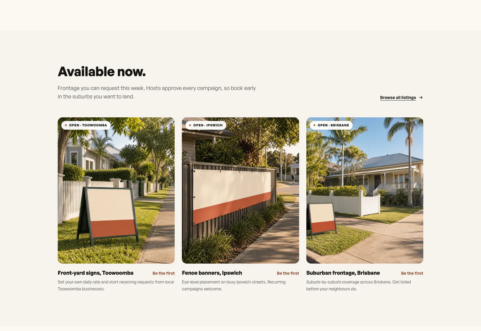 Yardvertising listings showing available local frontage to rent suburb by suburb.