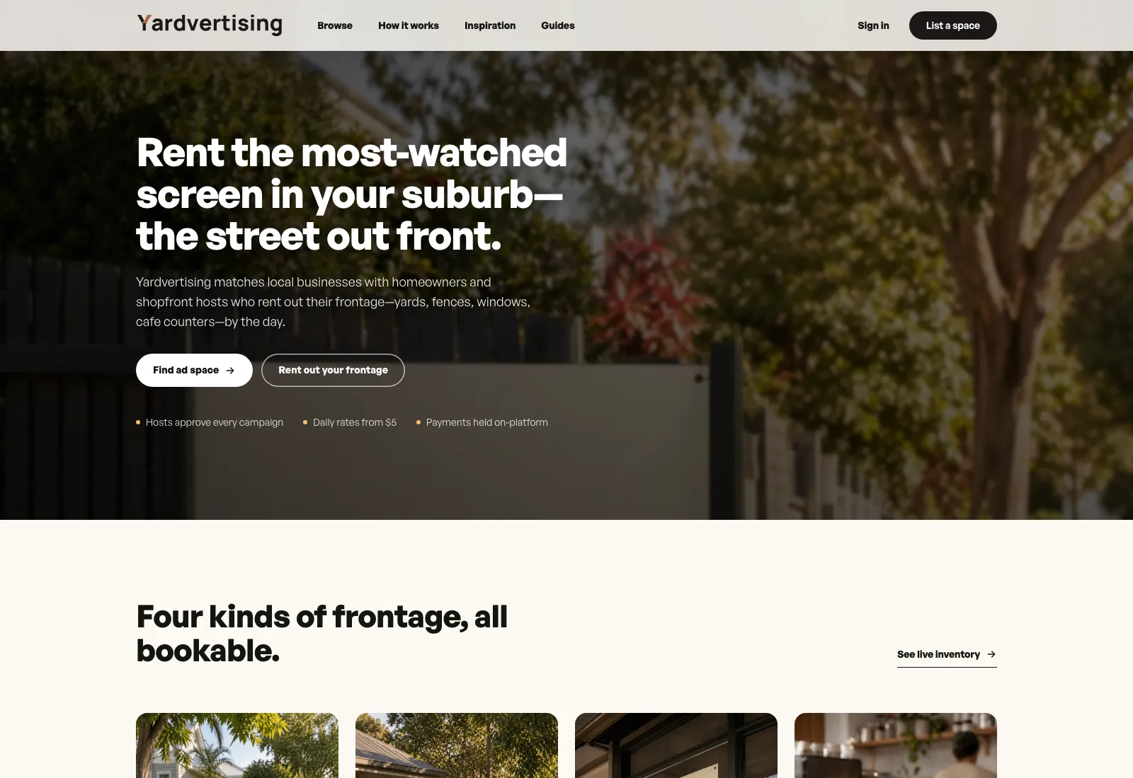 Yardvertising homepage showing marketplace calls to find ad space or rent out frontage.