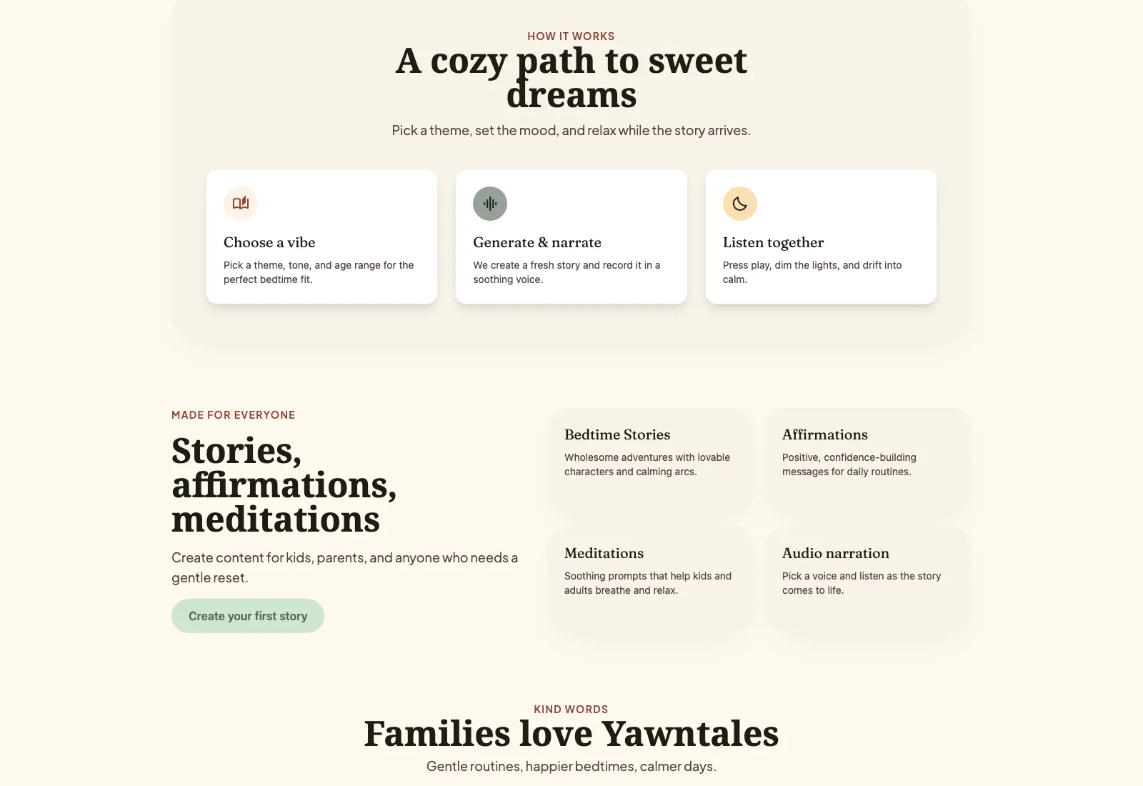 YawnTales how-it-works steps for choosing a vibe, generating a story and listening together.