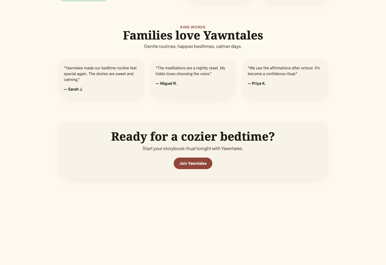 YawnTales family testimonials and a call to start a bedtime story.