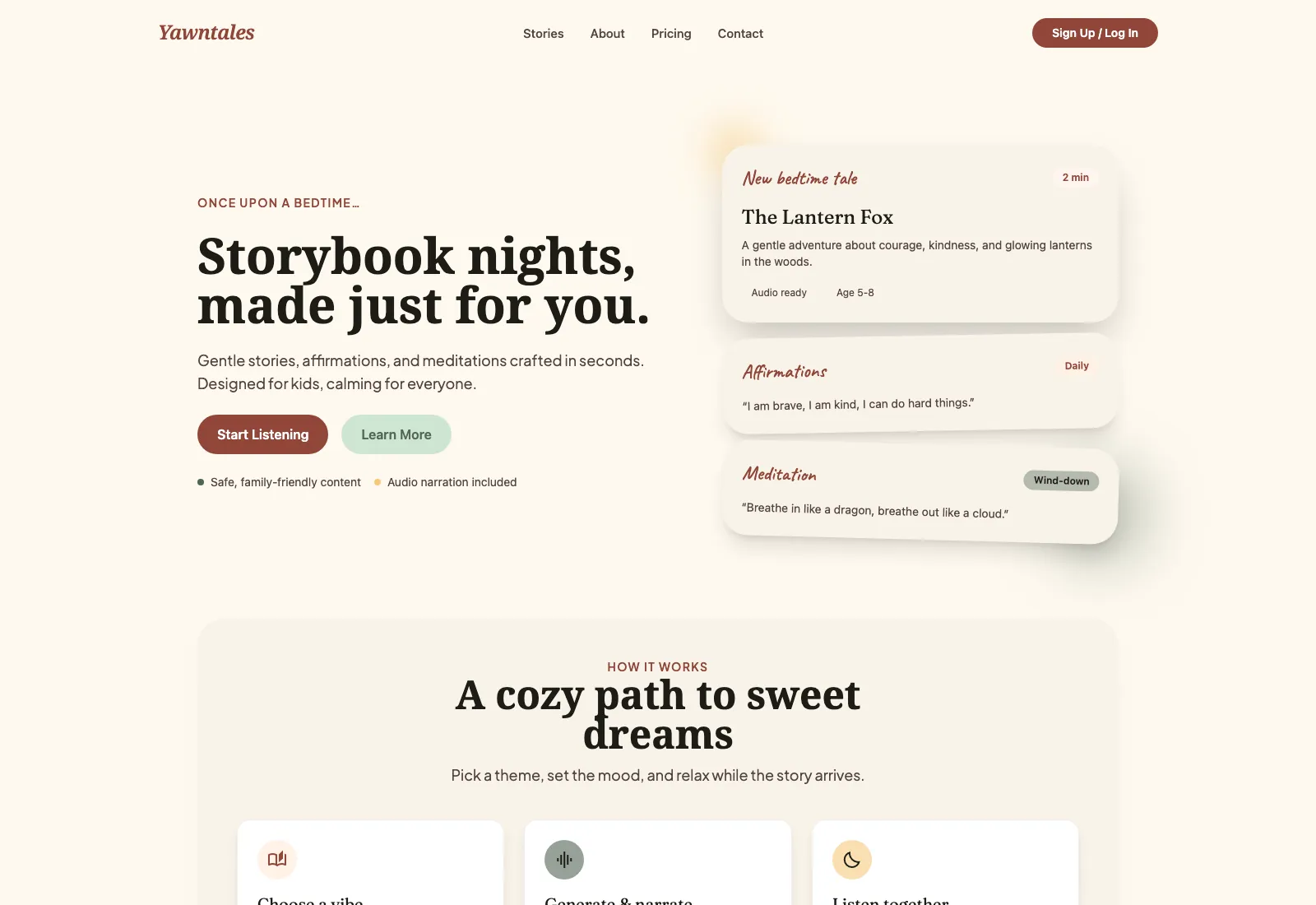 YawnTales homepage showing personalised bedtime stories, affirmations and meditations.